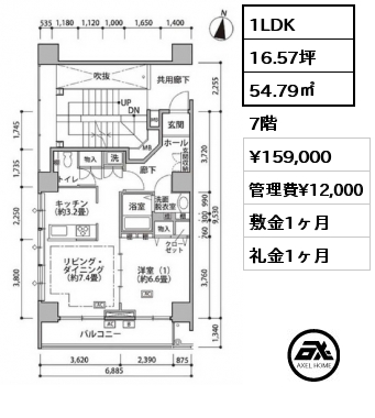 1LDK 54.79㎡ 7階 賃料¥159,000 管理費¥12,000 敷金1ヶ月 礼金1ヶ月