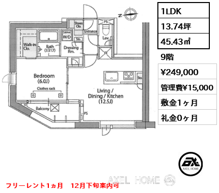 1LDK 45.43㎡  賃料¥249,000 管理費¥15,000 敷金1ヶ月 礼金0ヶ月 フリーレント1ヵ月　12月下旬案内可