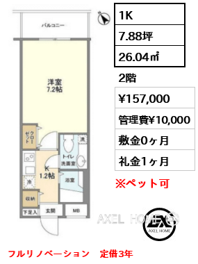 1K 26.04㎡  賃料¥157,000 管理費¥10,000 敷金0ヶ月 礼金1ヶ月 フルリノベーション　定借3年　