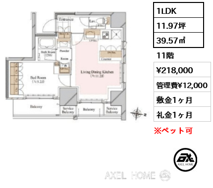 1LDK 39.57㎡  賃料¥218,000 管理費¥12,000 敷金1ヶ月 礼金1ヶ月