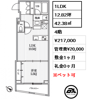 1LDK 42.38㎡ 4階 賃料¥217,000 管理費¥20,000 敷金1ヶ月 礼金0ヶ月