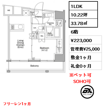 1LDK 33.78㎡ 6階 賃料¥223,000 管理費¥25,000 敷金1ヶ月 礼金0ヶ月 フリーレン1ヶ月　　　　