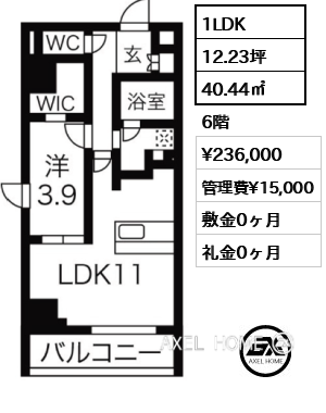1LDK 40.44㎡  賃料¥236,000 管理費¥15,000 敷金0ヶ月 礼金0ヶ月