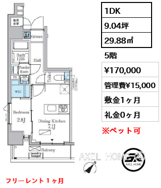 1DK 29.88㎡  賃料¥170,000 管理費¥15,000 敷金1ヶ月 礼金0ヶ月 フリーレント１ヶ月