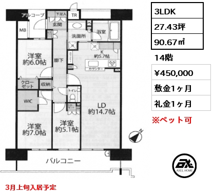3LDK 90.67㎡ 14階 賃料¥450,000 敷金1ヶ月 礼金1ヶ月 3月上旬入居予定