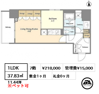 1LDK 37.83㎡ 7階 賃料¥218,000 管理費¥15,000 敷金1ヶ月 礼金0ヶ月