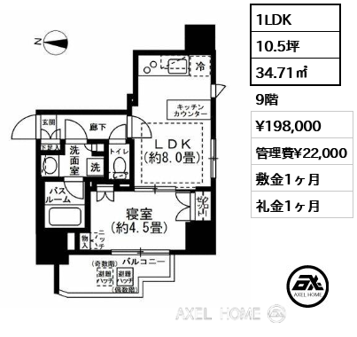 1LDK 34.71㎡  賃料¥198,000 管理費¥22,000 敷金1ヶ月 礼金1ヶ月