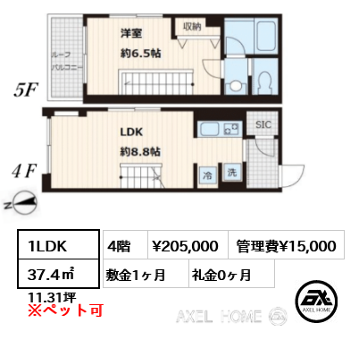 1LDK 37.4㎡  賃料¥205,000 管理費¥15,000 敷金1ヶ月 礼金0ヶ月
