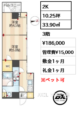 2K 33.90㎡  賃料¥186,000 管理費¥15,000 敷金1ヶ月 礼金1ヶ月