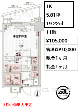 1K 19.22㎡  賃料¥105,000 管理費¥10,000 敷金1ヶ月 礼金1ヶ月 3月中旬退去予定