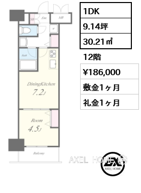 1DK 30.21㎡  賃料¥186,000 敷金1ヶ月 礼金1ヶ月