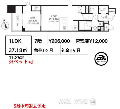 1LDK 37.18㎡  賃料¥206,000 管理費¥12,000 敷金1ヶ月 礼金1ヶ月 5月中旬退去予定