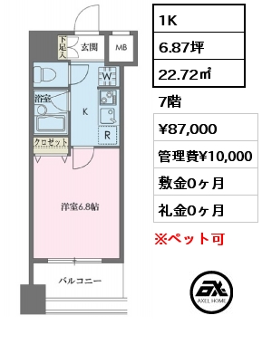 1K 22.72㎡ 7階 賃料¥87,000 管理費¥10,000 敷金0ヶ月 礼金0ヶ月
