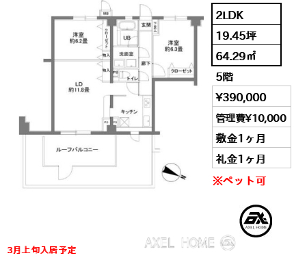 2LDK 64.29㎡  賃料¥390,000 管理費¥10,000 敷金1ヶ月 礼金1ヶ月 3月上旬入居予定