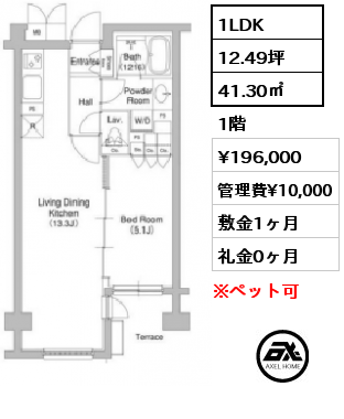 1LDK 41.30㎡ 1階 賃料¥193,000 管理費¥10,000 敷金1ヶ月 礼金0ヶ月 フリーレント1ヶ月