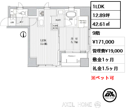 1LDK 42.61㎡  賃料¥171,000 管理費¥19,000 敷金1ヶ月 礼金1.5ヶ月