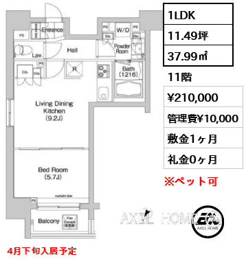 1LDK 37.99㎡  賃料¥210,000 管理費¥10,000 敷金1ヶ月 礼金0ヶ月 4月下旬入居予定