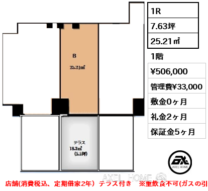 1R 25.21㎡  賃料¥506,000 管理費¥33,000 敷金0ヶ月 礼金2ヶ月 店舗(消費税込、定期借家2年）テラス付き　※重飲食不可(ガスの引込無し)