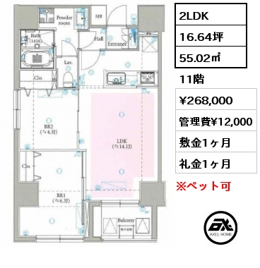 2LDK 55.02㎡ 11階 賃料¥268,000 管理費¥12,000 敷金1ヶ月 礼金1ヶ月