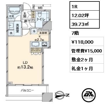 1R 39.73㎡ 7階 賃料¥118,000 管理費¥15,000 敷金2ヶ月 礼金1ヶ月