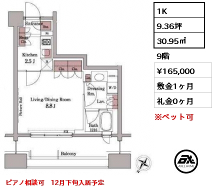 1K 30.95㎡ 9階 賃料¥165,000 敷金1ヶ月 礼金0ヶ月 ピアノ相談可　12月下旬入居予定