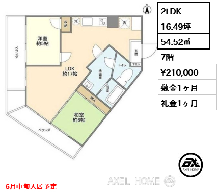 2LDK 54.52㎡  賃料¥210,000 敷金1ヶ月 礼金1ヶ月 6月中旬入居予定
