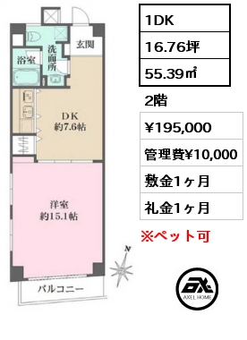 1DK 55.39㎡ 2階 賃料¥195,000 管理費¥10,000 敷金1ヶ月 礼金1ヶ月