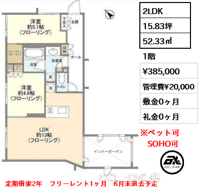 2LDK 52.33㎡  賃料¥385,000 管理費¥20,000 敷金0ヶ月 礼金0ヶ月 定期借家2年　フリーレント1ヶ月　6月末退去予定