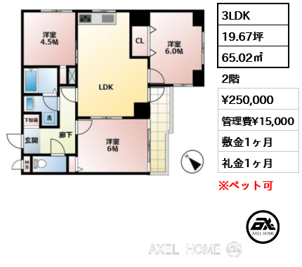 3LDK 65.02㎡  賃料¥250,000 管理費¥15,000 敷金1ヶ月 礼金1ヶ月