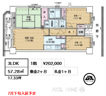 3LDK 57.28㎡  賃料¥202,000 敷金2ヶ月 礼金1ヶ月 7月下旬入居予定