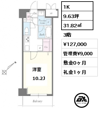 1K 31.82㎡ 3階 賃料¥127,000 管理費¥9,000 敷金0ヶ月 礼金1ヶ月