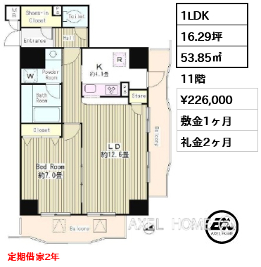 1LDK 53.85㎡  賃料¥226,000 敷金1ヶ月 礼金2ヶ月 定期借家2年