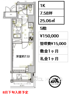 1K 25.06㎡  賃料¥150,000 管理費¥15,000 敷金1ヶ月 礼金1ヶ月 8月下旬入居予定