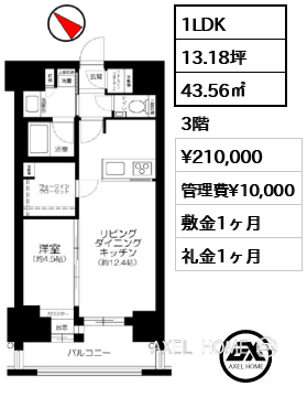 1LDK 43.56㎡  賃料¥210,000 管理費¥10,000 敷金1ヶ月 礼金1ヶ月