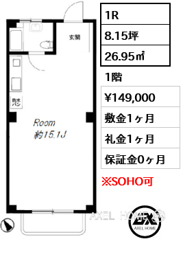 1R 26.95㎡  賃料¥149,000 敷金1ヶ月 礼金1ヶ月