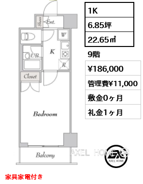 1K 22.65㎡  賃料¥186,000 管理費¥11,000 敷金0ヶ月 礼金1ヶ月 家具家電付き