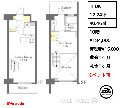 1LDK 40.46㎡  賃料¥184,000 管理費¥15,000 敷金1ヶ月 礼金1ヶ月 定期借家2年