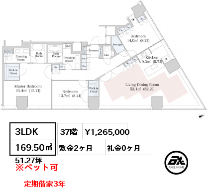3LDK 169.50㎡ 37階 賃料¥1,265,000 敷金2ヶ月 礼金0ヶ月 定期借家3年