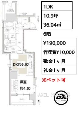 1DK 36.04㎡  賃料¥190,000 管理費¥10,000 敷金1ヶ月 礼金1ヶ月
