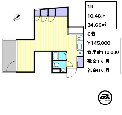 1R 34.66㎡ 6階 賃料¥145,000 管理費¥10,000 敷金1ヶ月 礼金0ヶ月 　