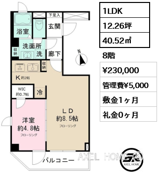 1LDK 40.52㎡  賃料¥230,000 管理費¥5,000 敷金1ヶ月 礼金0ヶ月