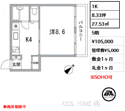 1K 27.53㎡  賃料¥105,000 管理費¥5,000 敷金1ヶ月 礼金1ヶ月 事務所相談可