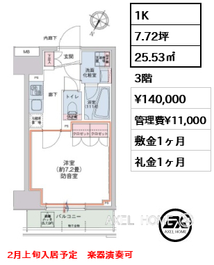 1K 25.53㎡  賃料¥140,000 管理費¥11,000 敷金1ヶ月 礼金1ヶ月 2月上旬入居予定　楽器演奏可