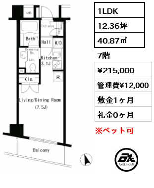 1LDK 40.87㎡ 7階 賃料¥215,000 管理費¥12,000 敷金1ヶ月 礼金0ヶ月