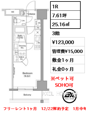 1R 25.16㎡  賃料¥123,000 管理費¥15,000 敷金1ヶ月 礼金0ヶ月 フリーレント1ヶ月　12/22解約予定　1月中旬入居予定