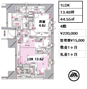 1LDK 44.55㎡ 4階 賃料¥220,000 管理費¥15,000 敷金1ヶ月 礼金1ヶ月