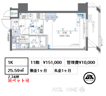 1K 25.59㎡  賃料¥151,000 管理費¥10,000 敷金1ヶ月 礼金1ヶ月