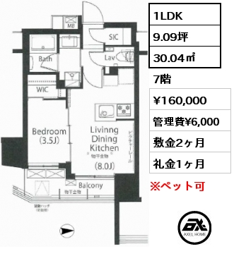1LDK 30.04㎡ 7階 賃料¥174,000 管理費¥6,000 敷金2ヶ月 礼金1ヶ月