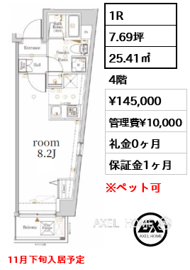 1R 25.41㎡  賃料¥145,000 管理費¥10,000 礼金0ヶ月 11月下旬入居予定