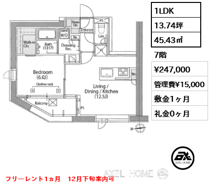 1LDK 45.43㎡  賃料¥247,000 管理費¥15,000 敷金1ヶ月 礼金0ヶ月 フリーレント1ヵ月　12月下旬案内可